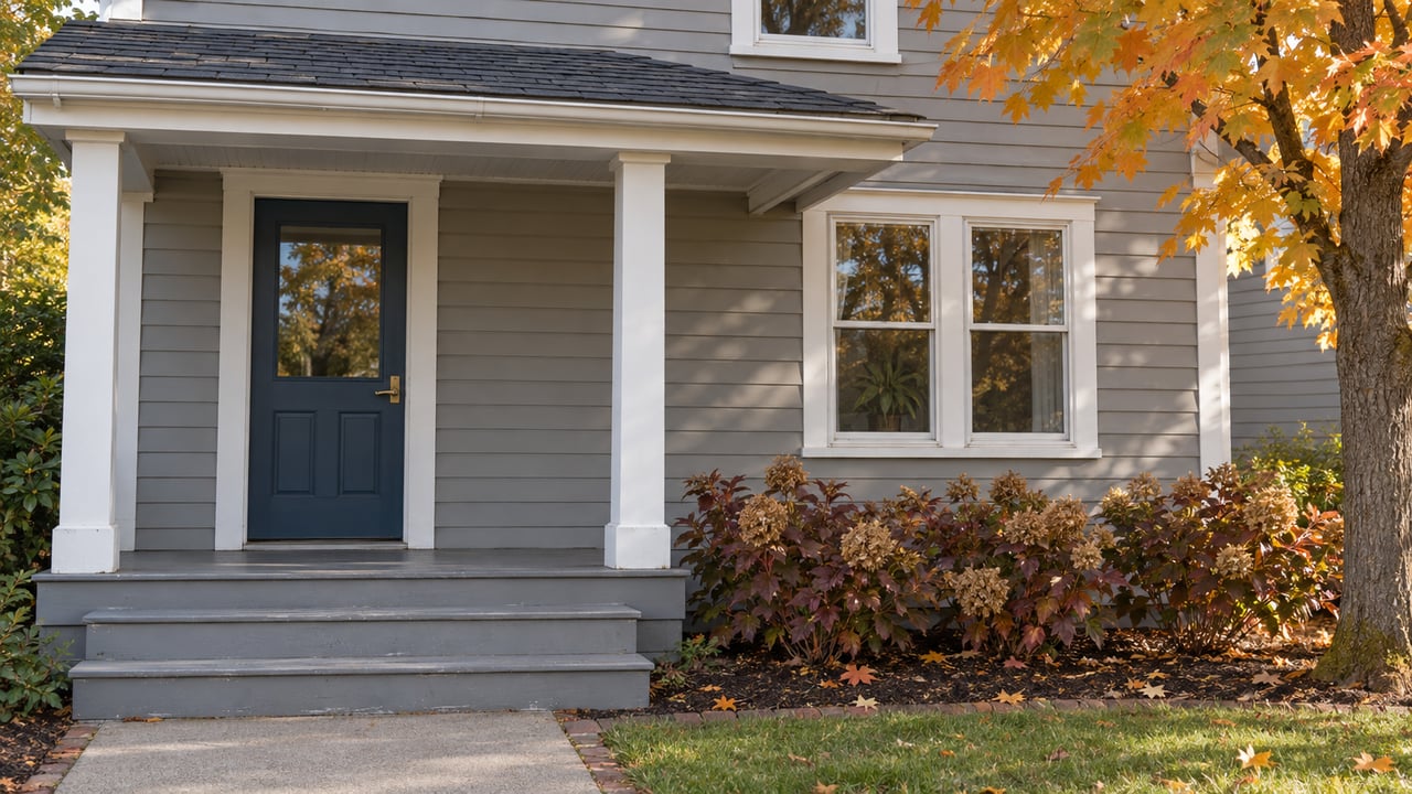 Morning light on a gray clapboard home's blue front door, white porch posts and autumn planting.