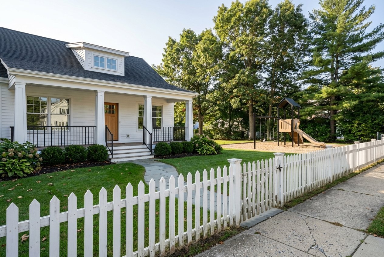 White picket fence fronts a clapboard colonial beside an empty playground, framed by red oaks and a white pine.
