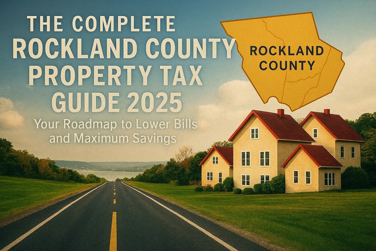 “Autumn road leading to Rockland County homes with map overlay and headline: ‘The Complete Rockland County Property Tax Guide 2025.’” 