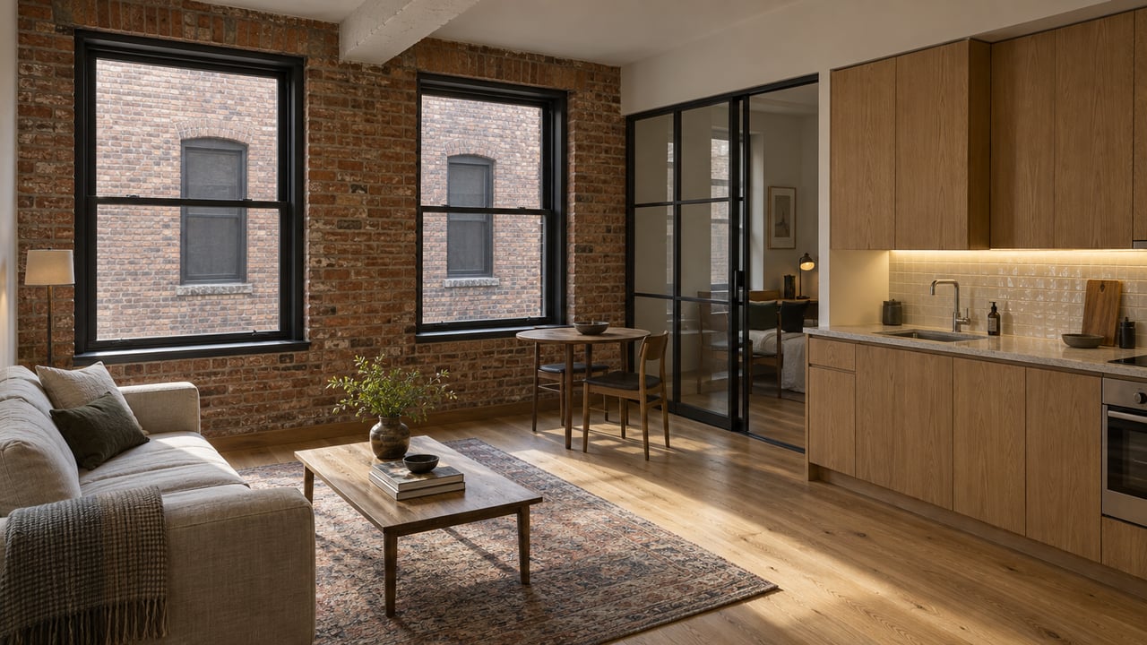 Compact apartment with two tall steel-framed windows, exposed brick and beam, oak kitchenette, and linen sofa.