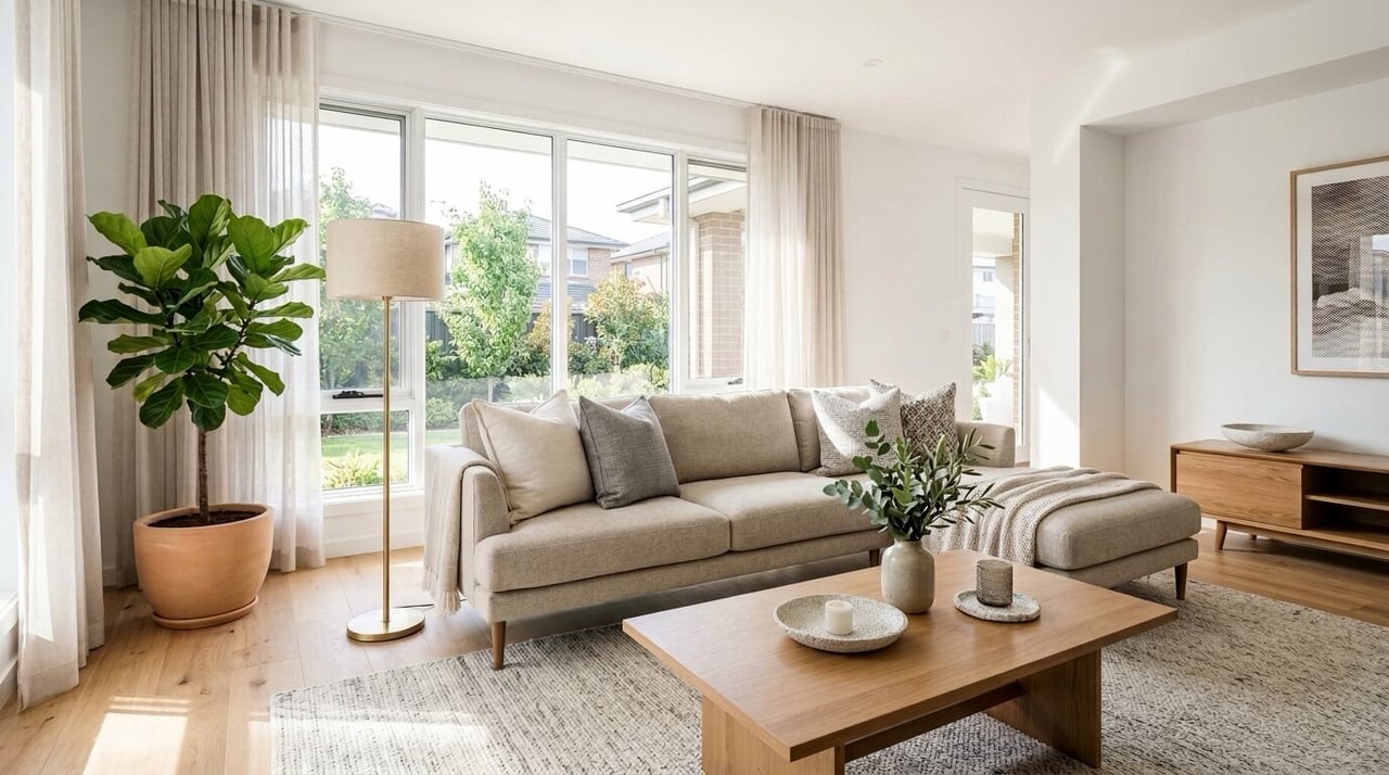 Bright staged living room with neutral furniture and wood floors, preparing a Texas home for sale