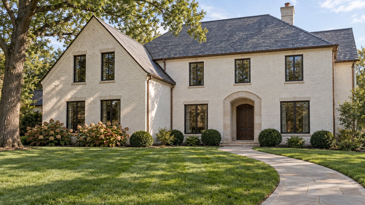 Two-story white-brick residence with a limestone arched entry, broad lawn, curved stone walk, and mature oak.