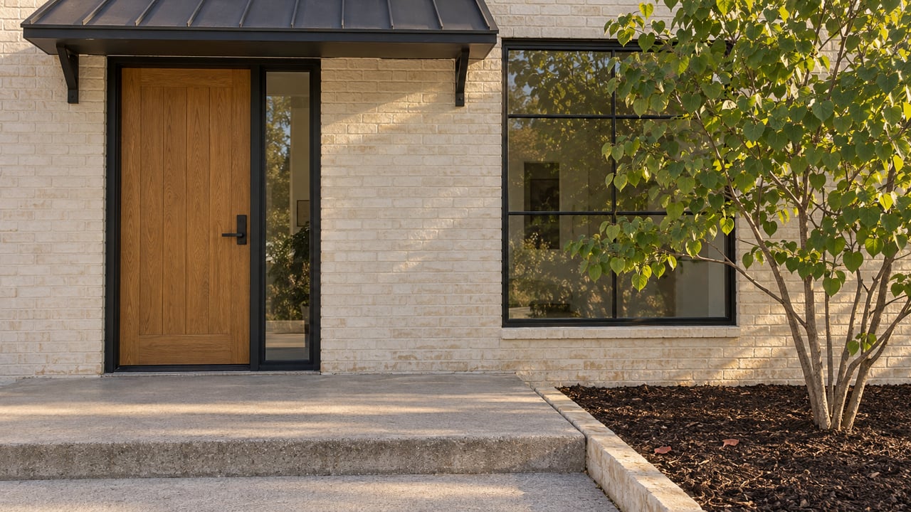 Warm afternoon light on a cream-painted brick home entry with an oak door, black-framed window and redbud planting bed.