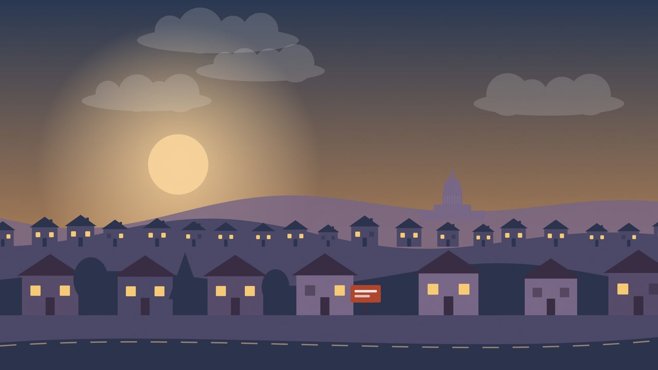  Illustration of a Dane County neighborhood at dusk with a single for-sale sign and the Wisconsin State Capitol in the distance