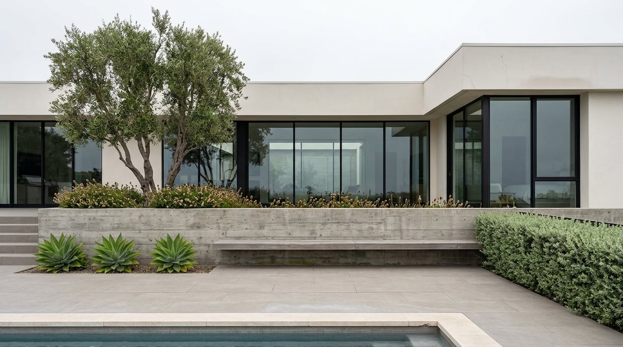 Tiered pool terrace with a contemporary glass-fronted home, textured concrete wall, and mature multi-trunk olive tree.