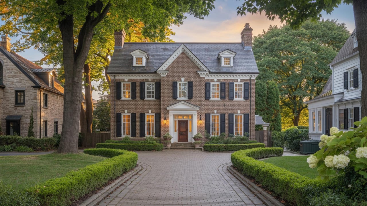 Brick colonial house with white trim and dormer windows, framed by trees and curved hedges.