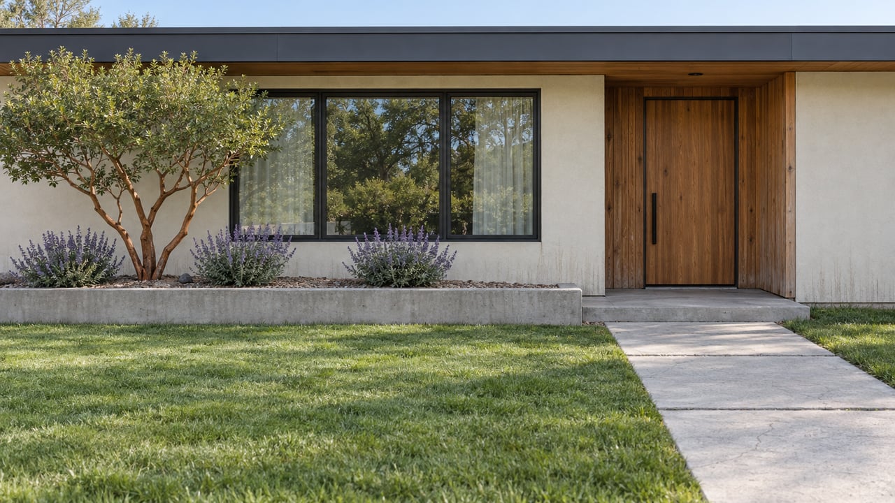 Contemporary single-story home with cedar entry cladding, pale stucco, a deep lawn and a concrete garden walk.