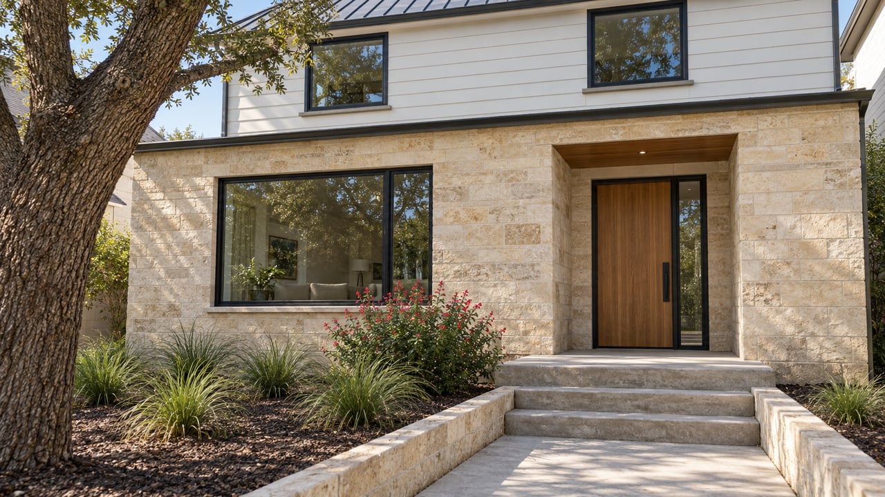Compact two-story home with limestone walls, white lap siding, a recessed cedar entrance and a small planted front approach.