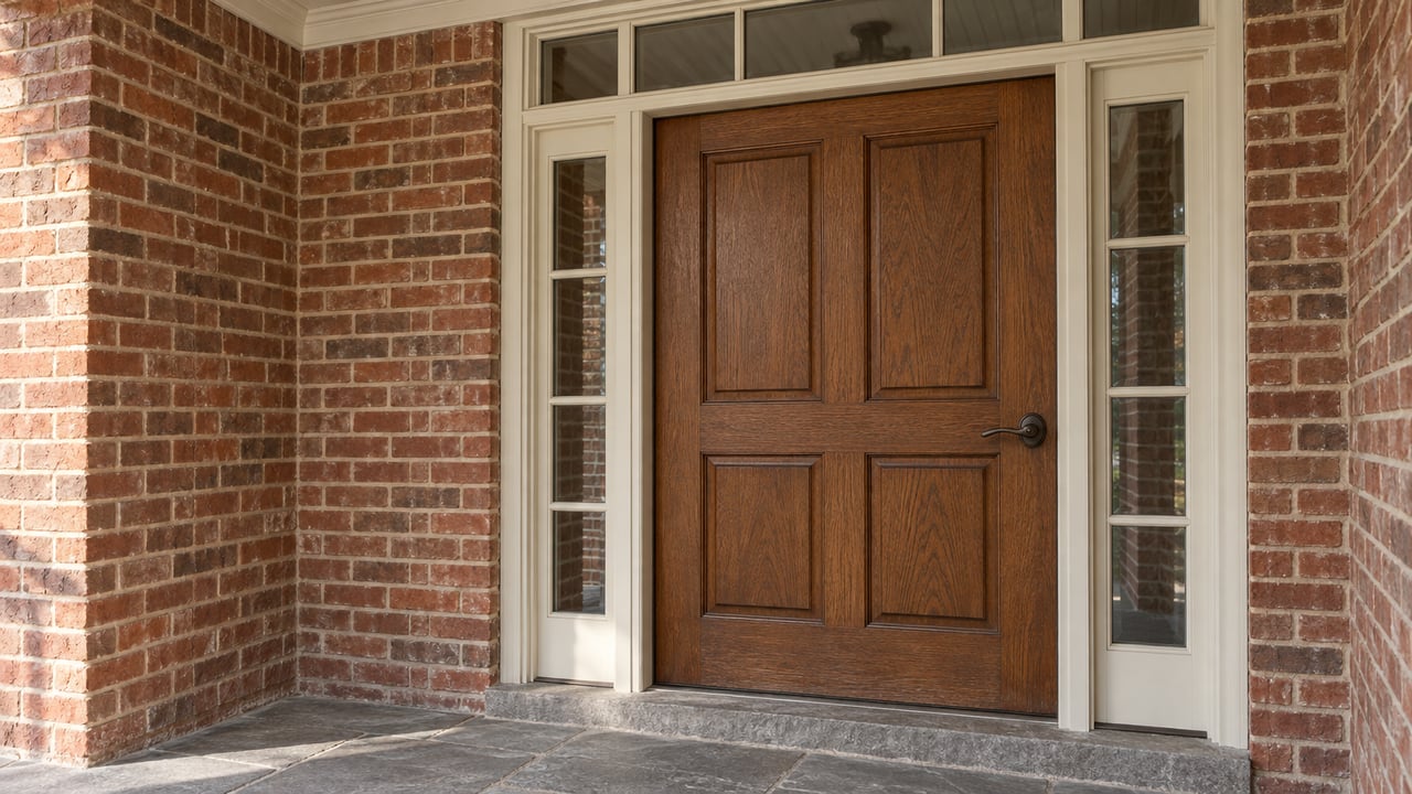 Close view of a warm oak front door with matching sidelights, red-brown brick and gently worn limestone porch paving in afternoon light.