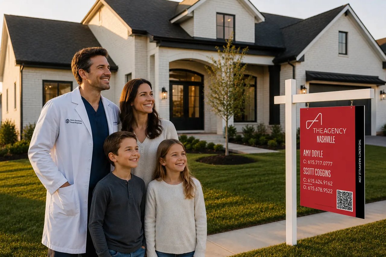 Physician family standing outside a new home in Middle Tennessee after relocating for a medical career opportunity.