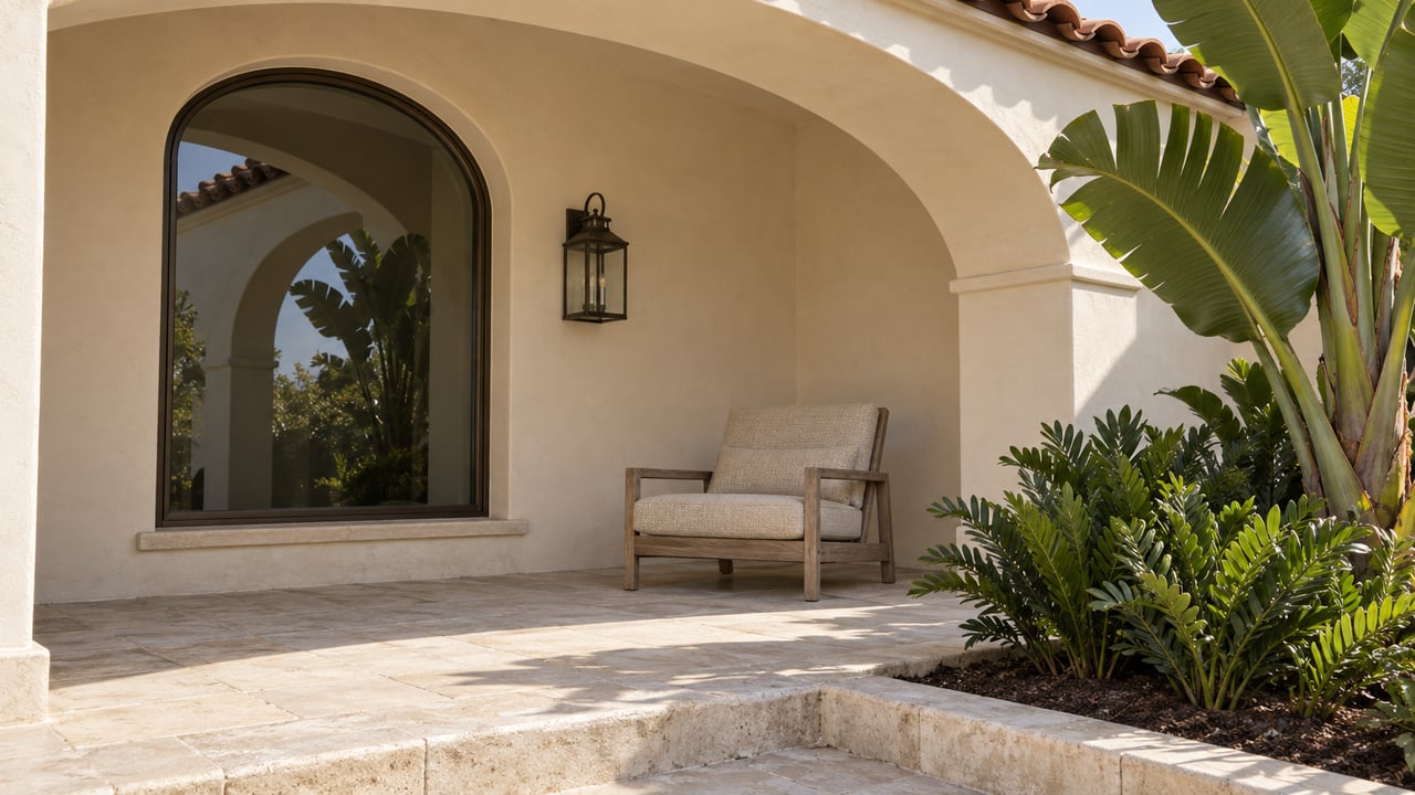 Sunlit ivory stucco terrace with a broad arch, bronze-framed arched window, teak lounge chair and sculptural tropical planting.