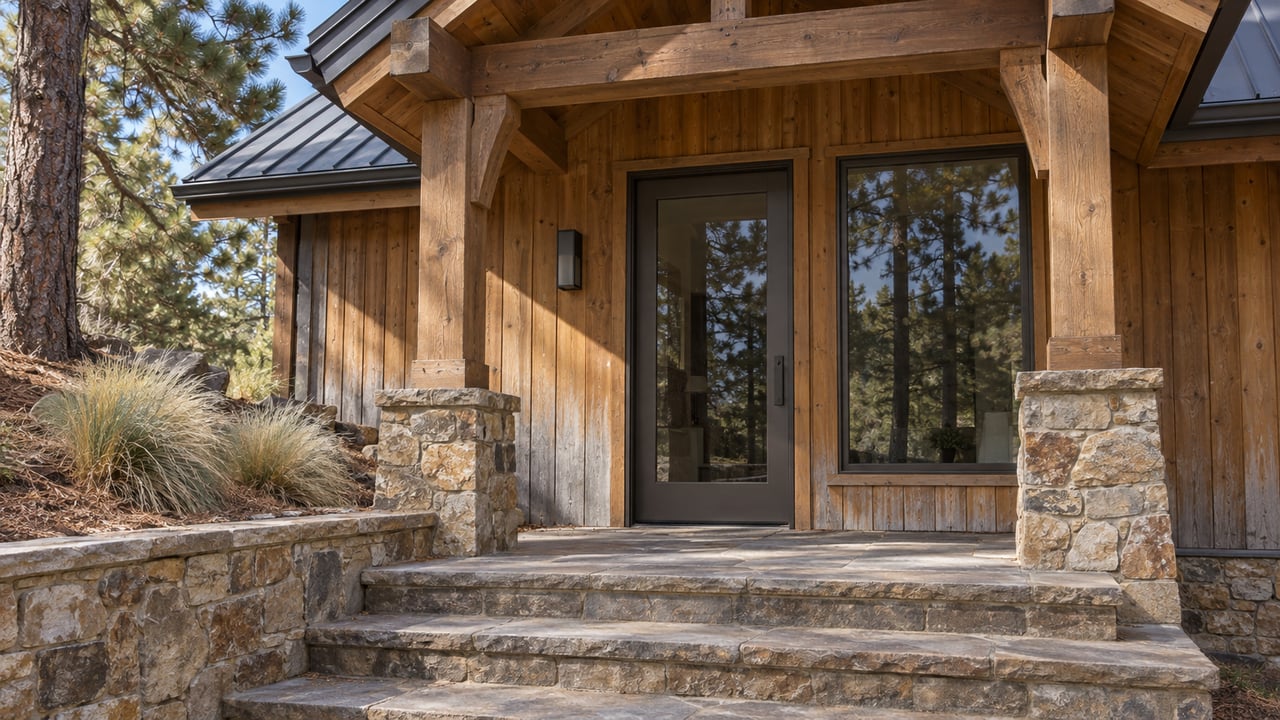 Autumn light on a timber-and-stone cabin entry, with closed bronze-framed glazing, broad stone steps and a mature pine at the edge.