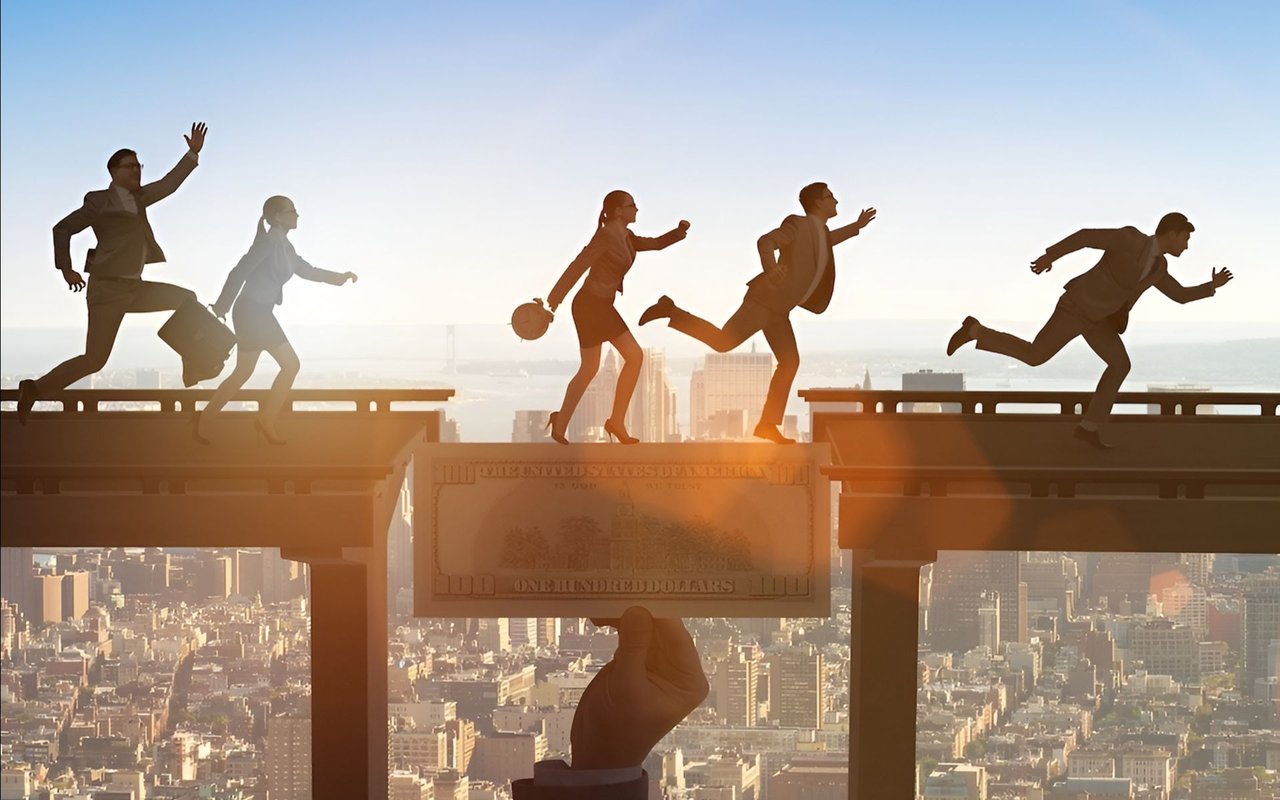 Businesspeople leap across a giant hundred-dollar bill above a city skyline.