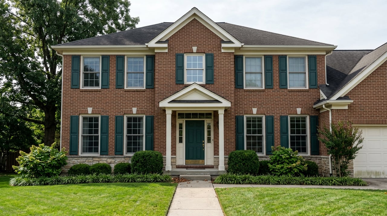 Two-story red-brown brick Colonial with green shutters, a white-columned entry, and a concrete walk across the lawn.
