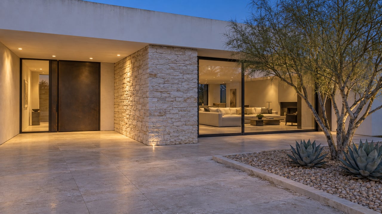 Twilight at a contemporary desert home with pale plaster, limestone entry pier, bronze-framed glass and a sculptural tree in a gravel island.