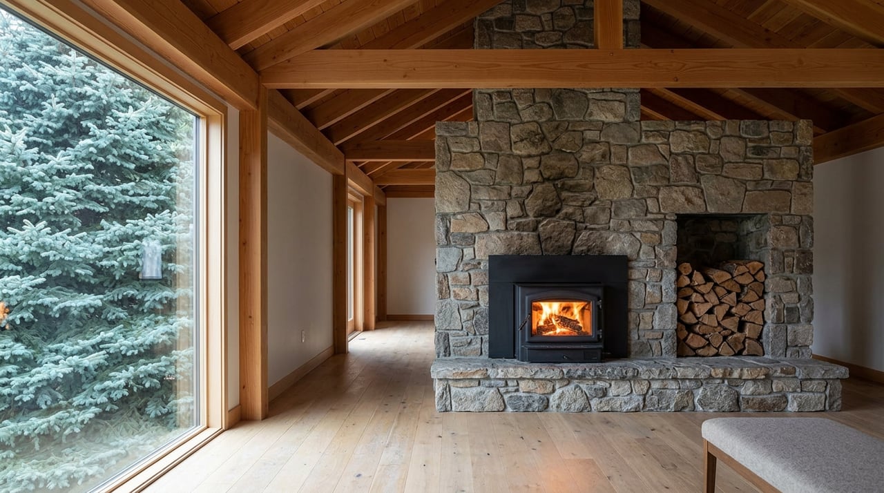 Fieldstone chimney with a black wood stove beneath exposed timber beams, beside a window filled with spruce boughs.