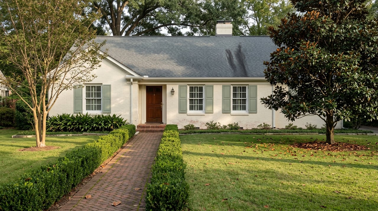 Cream-painted brick home beyond a manicured lawn, with a herringbone walkway, magnolia, and live oak canopy.