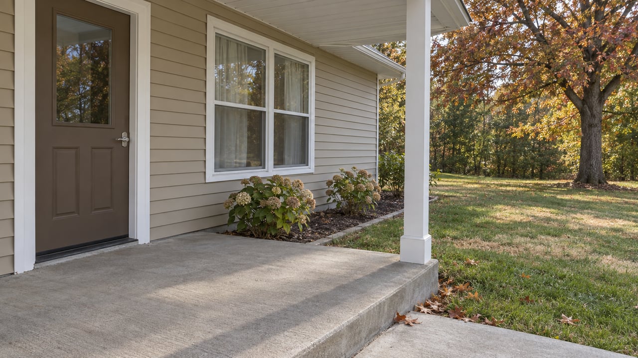 Home’s covered front porch with a brown door, white-trimmed windows, and an autumn tree beside the lawn.