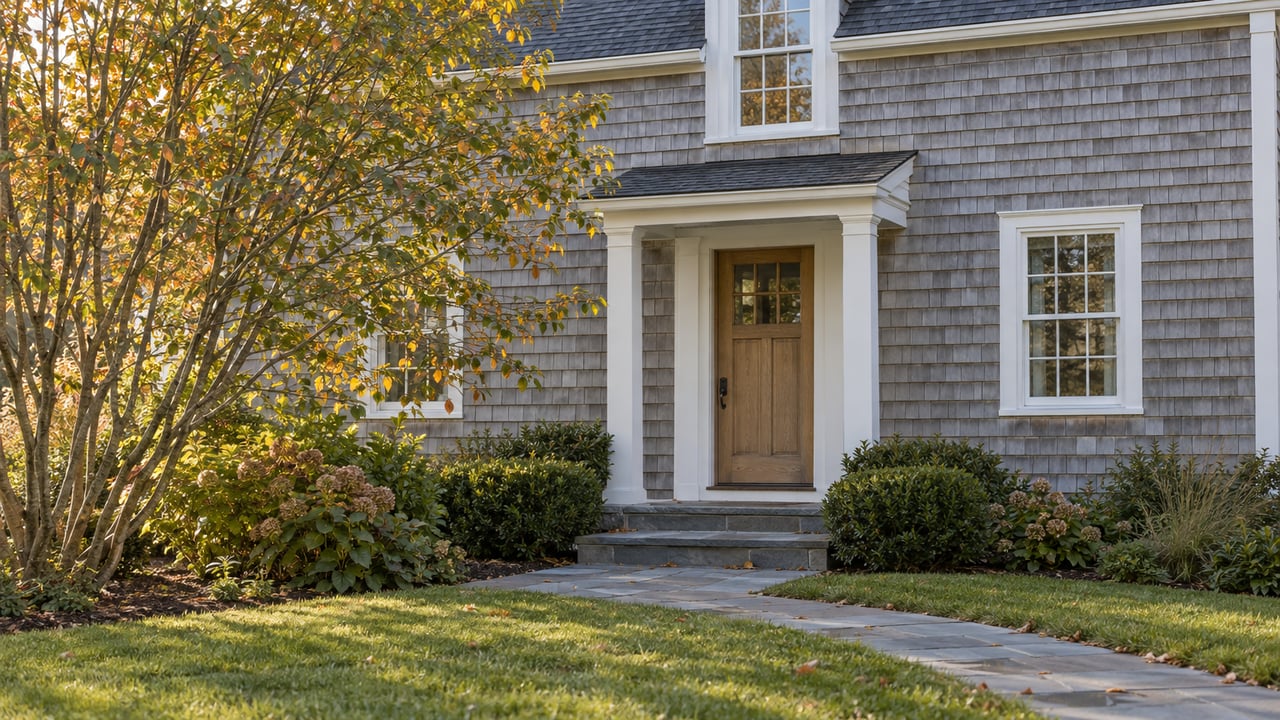 Silver-gray shingle house with a timber door, bluestone path, broad lawn, and leafy multi-stem tree.
