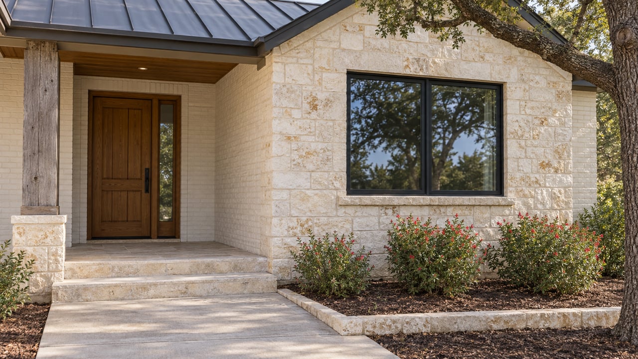 Covered timber entry beside a limestone window bay, with worn stone steps and a small red-flowering sage bed.