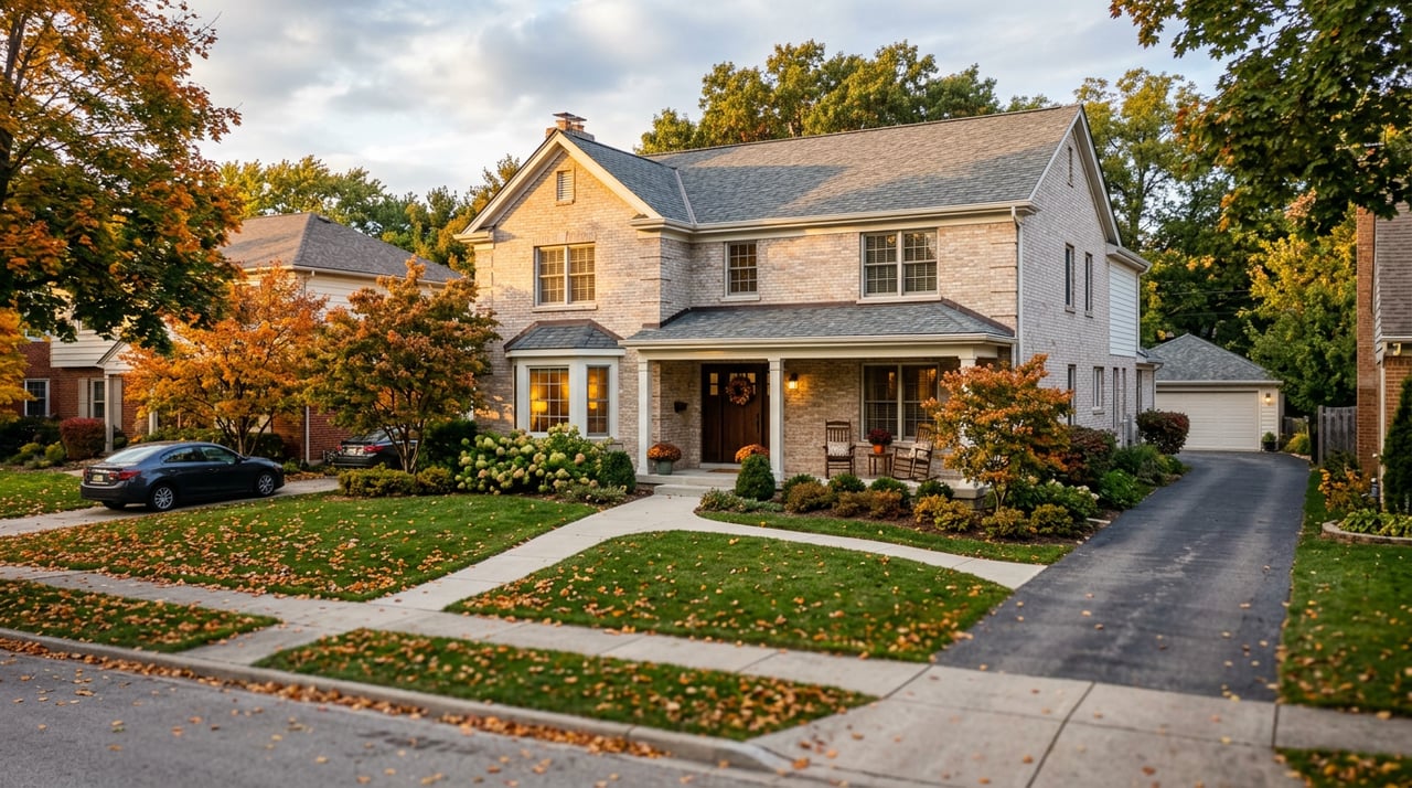 White-brick suburban home with black-framed windows, stone porch, and burgundy Japanese maple beside a bluestone path.
