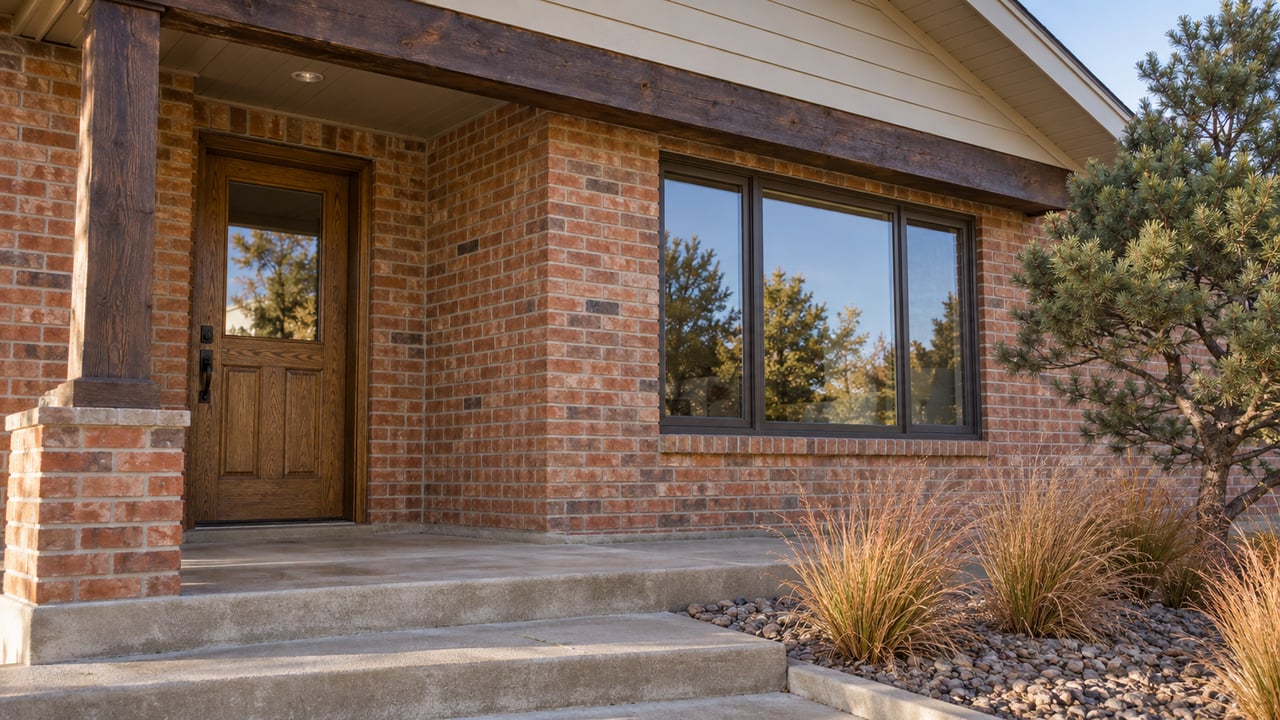 Orange-red brick home entry with an oak door, timber porch, bronze-framed window and copper-colored grasses beside concrete steps.