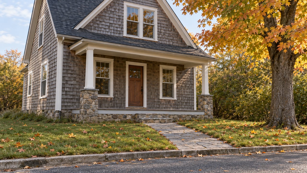 Cedar-shingled gabled cottage with white trim, a stone foundation, and a short limestone walk beside a golden sugar maple.