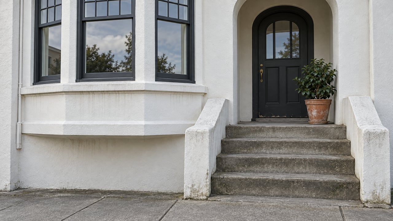 White stucco home with a projecting dark-framed window bay, an arched closed entry, worn concrete steps, and a potted camellia.