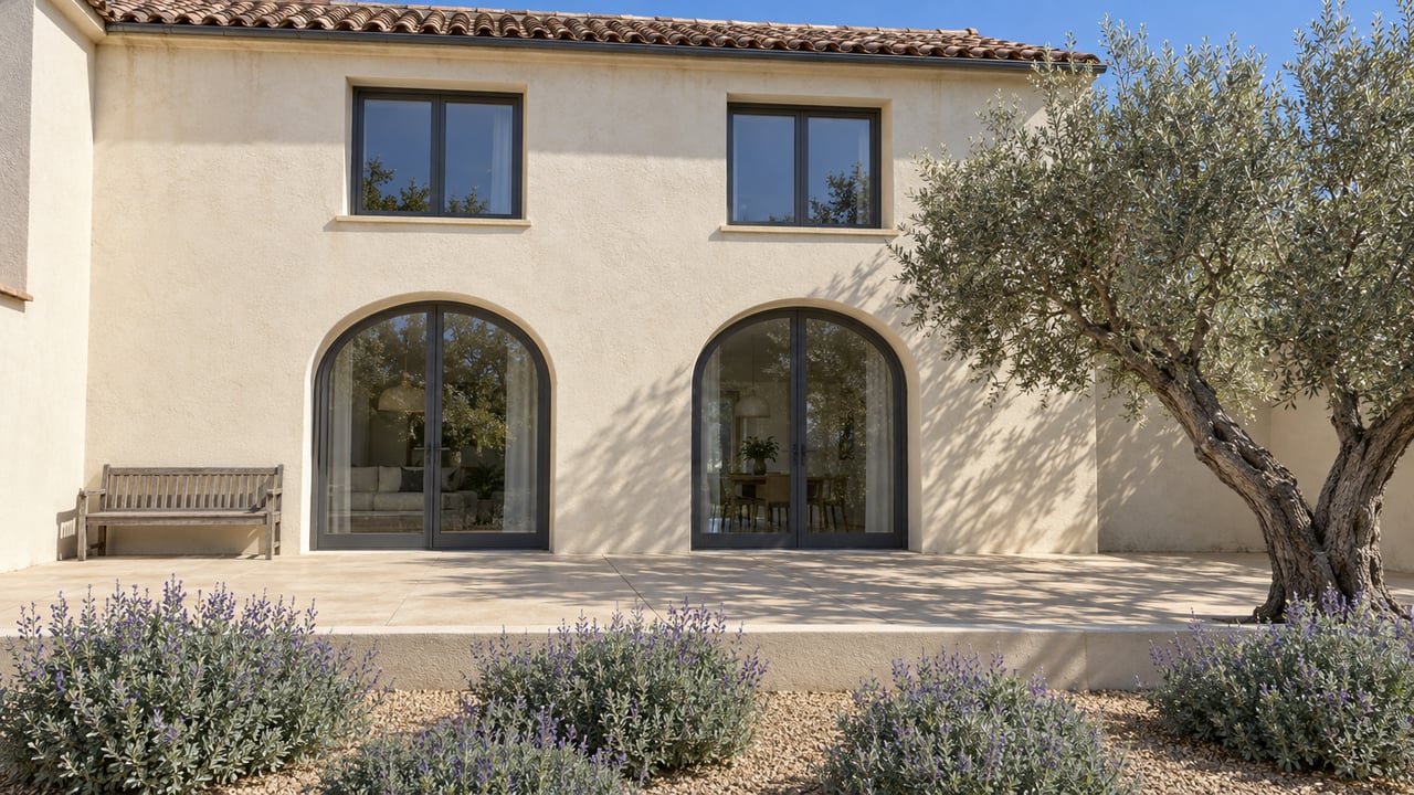 Cream stucco home with clay roof tiles, paired arched glass doors, and a garden terrace shaded by an olive tree.