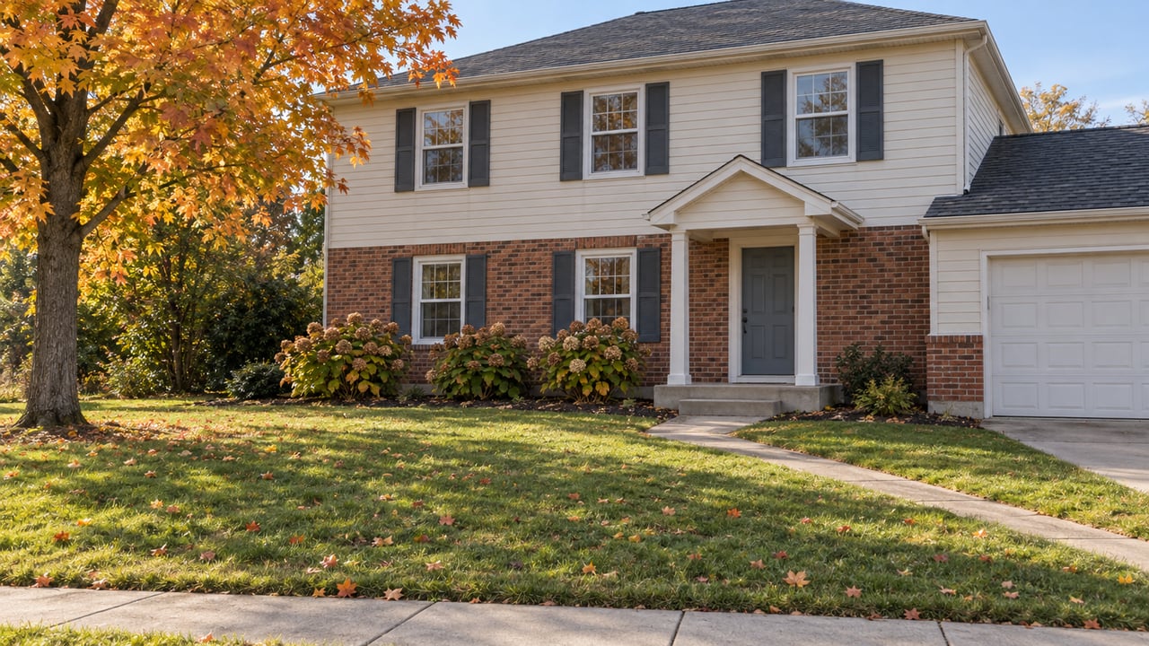 An established two-story home with ivory siding, brick accents, a broad autumn lawn, and a golden maple tree.