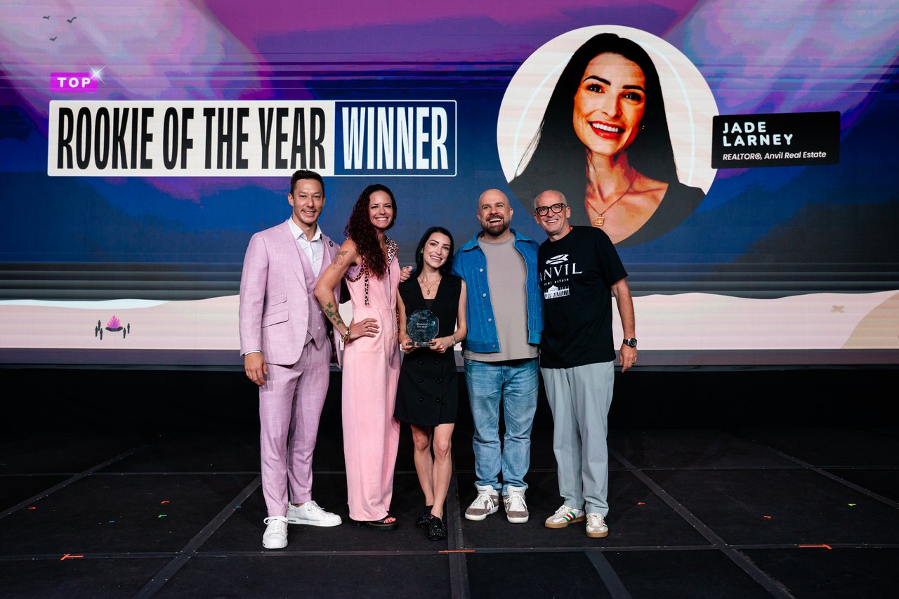 Jade Larney with Anvil Real Estate's Dan Smith and Side founders Ed Wu, Hilary Saunders, and Guy Gal at the 2025 Rookie of the Year recognition.