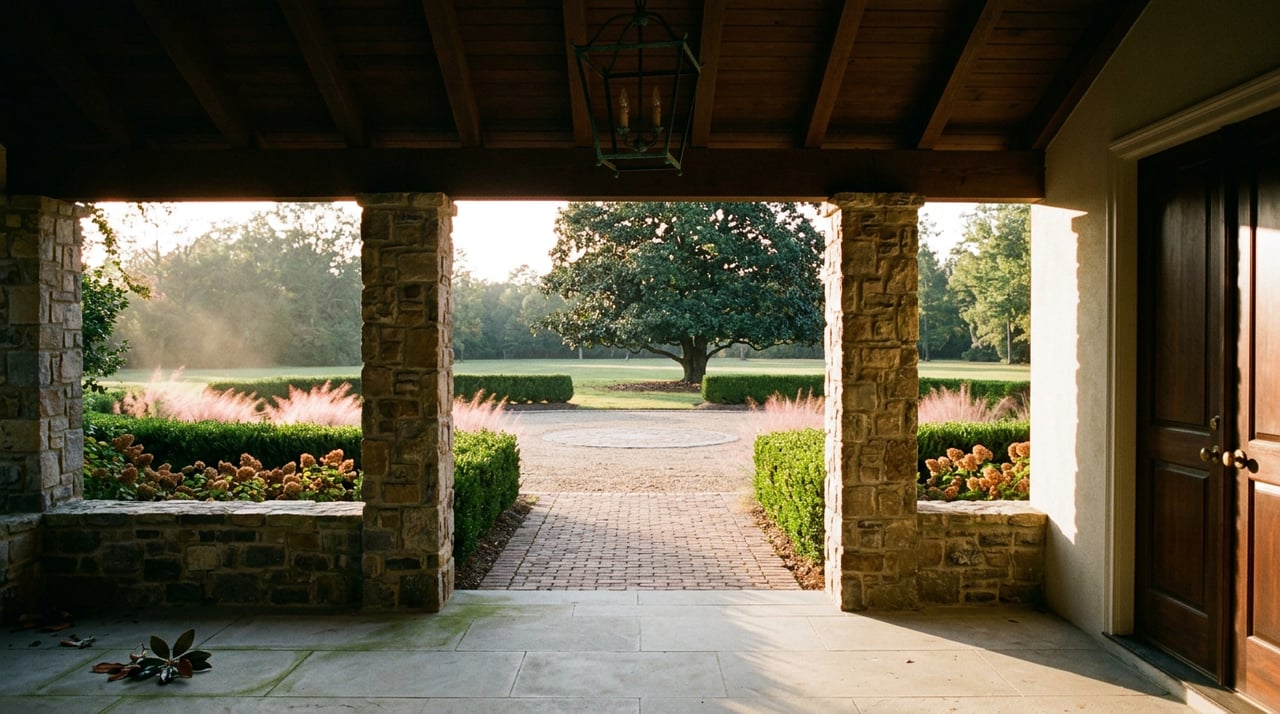 Stone portico frames a brick walkway, boxwood hedges, and a mature magnolia beyond.