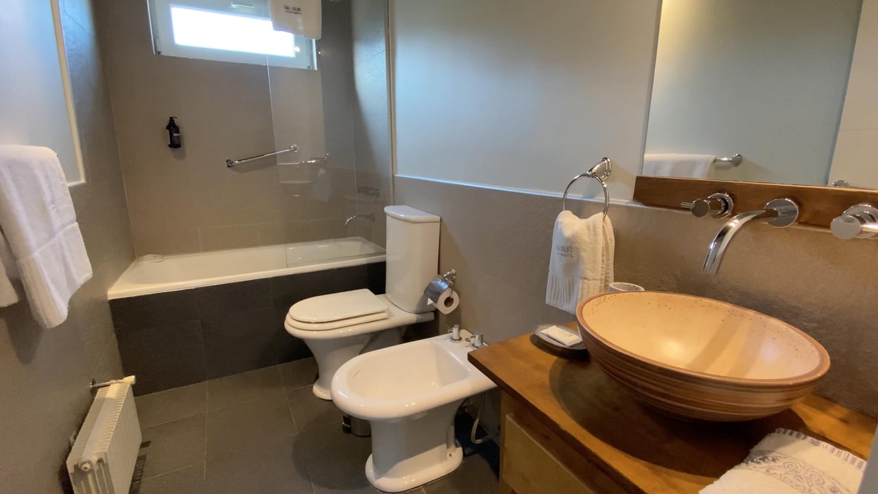 Bathroom with glass-screened tub, toilet and bidet, and a wood vanity with a large vessel sink.
