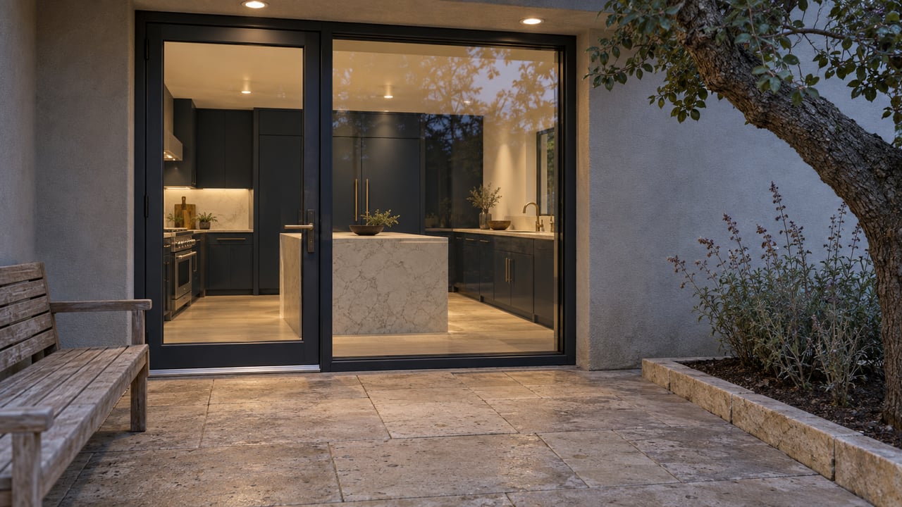 A limestone terrace and weathered teak bench outside a glazed kitchen with navy cabinetry, pale stone surfaces, and warm lighting, beside a live oak and sage planting bed.