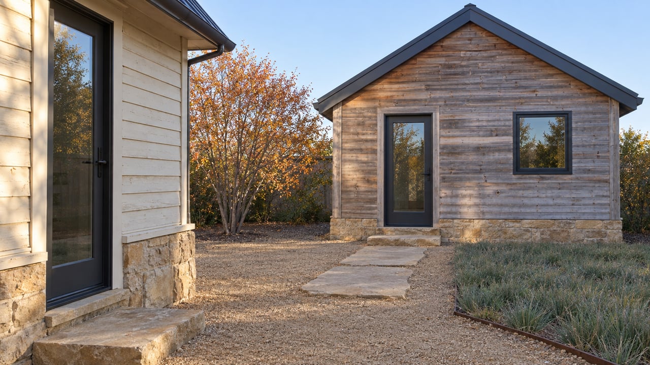 Small cedar-sided detached dwelling across a gravel yard from a cream-painted house, with sandstone pavers and a serviceberry tree.