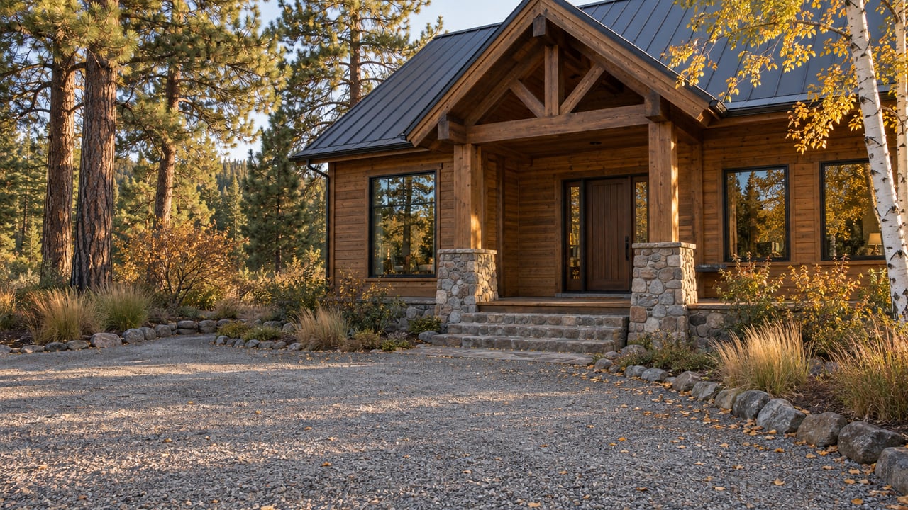 Timber lodge with a covered porch, gravel approach, stone steps, and pine and birch trees.