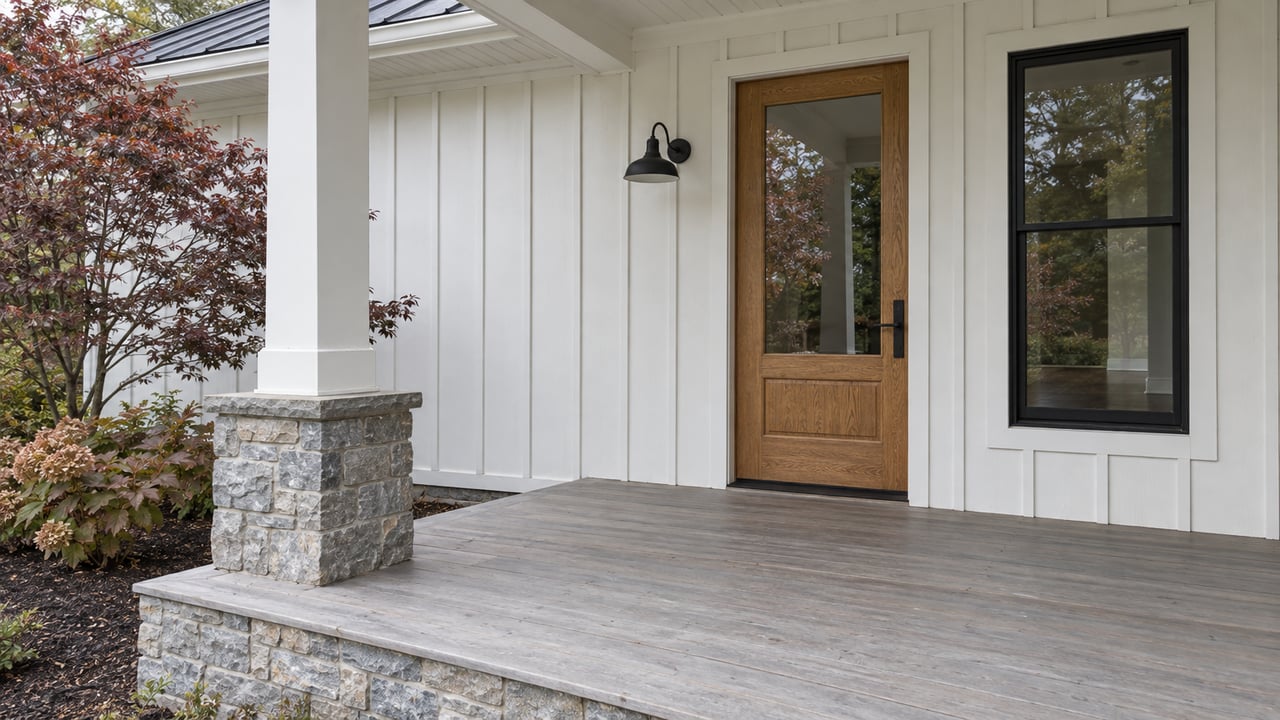 White board-and-batten entry porch with an oak glass-panel door, dark window frames, weathered decking and a stone foundation beside autumn dogwood and oakleaf hydrangeas.