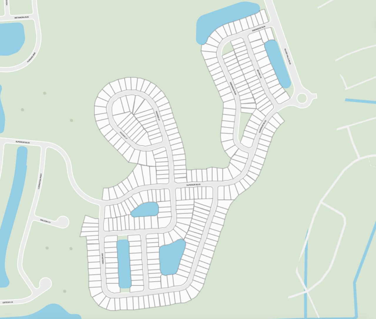 Silver Meadows subdivision map with labeled streets, residential lots, and several ponds.