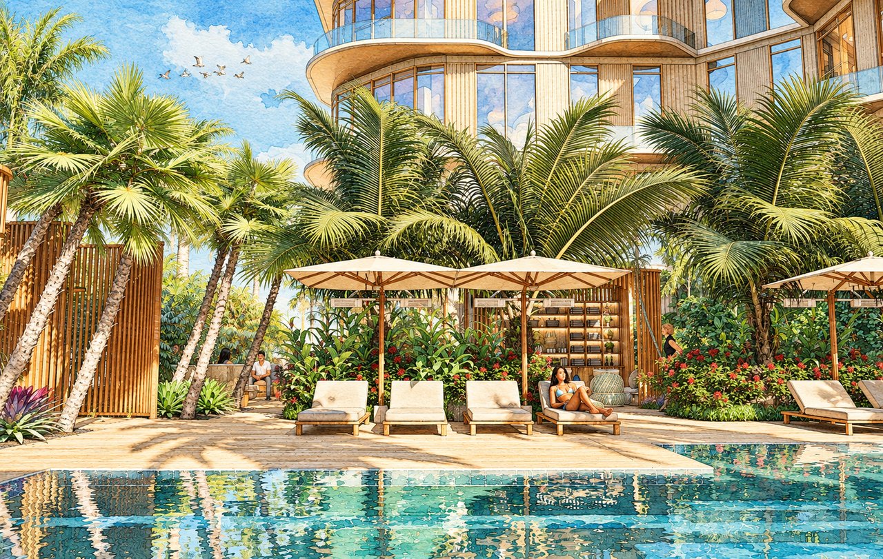 Pool beside the curved Waldorf Astoria residence, with palm trees, umbrellas, and lounge chairs.