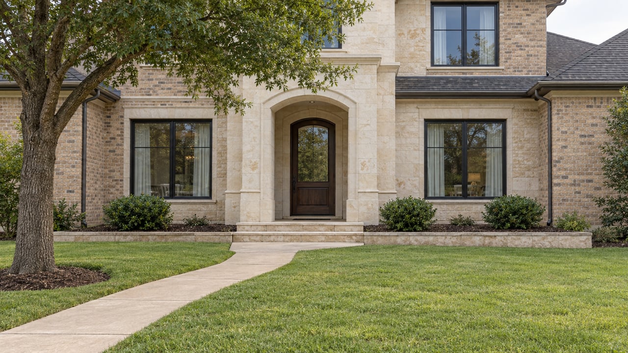 Cream limestone arched entry and buff brick facade behind a broad lawn and curved concrete approach, with black-framed windows and a mature oak.