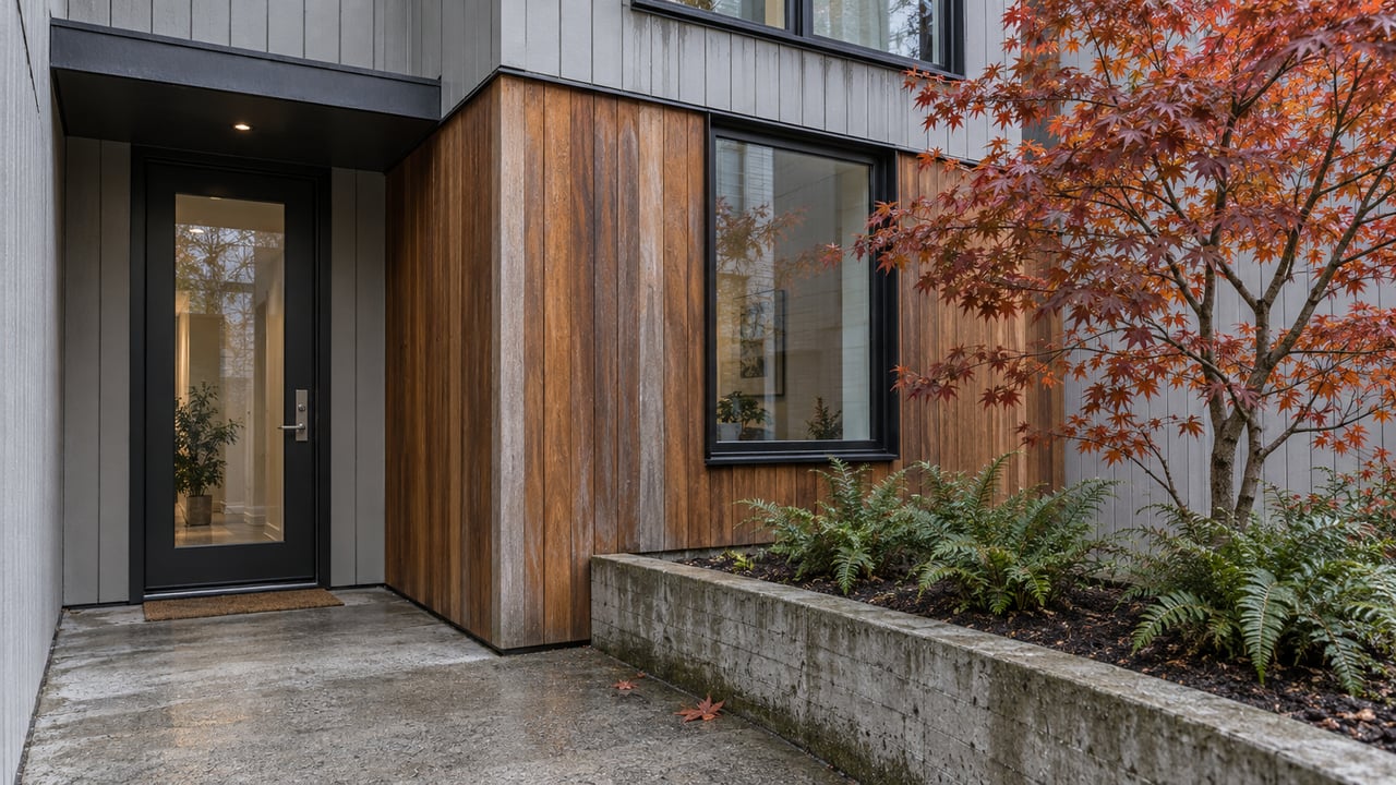 A recessed contemporary townhouse entry with gray vertical siding, weathered cedar, black-framed windows, and autumn vine maple beside a concrete landing.