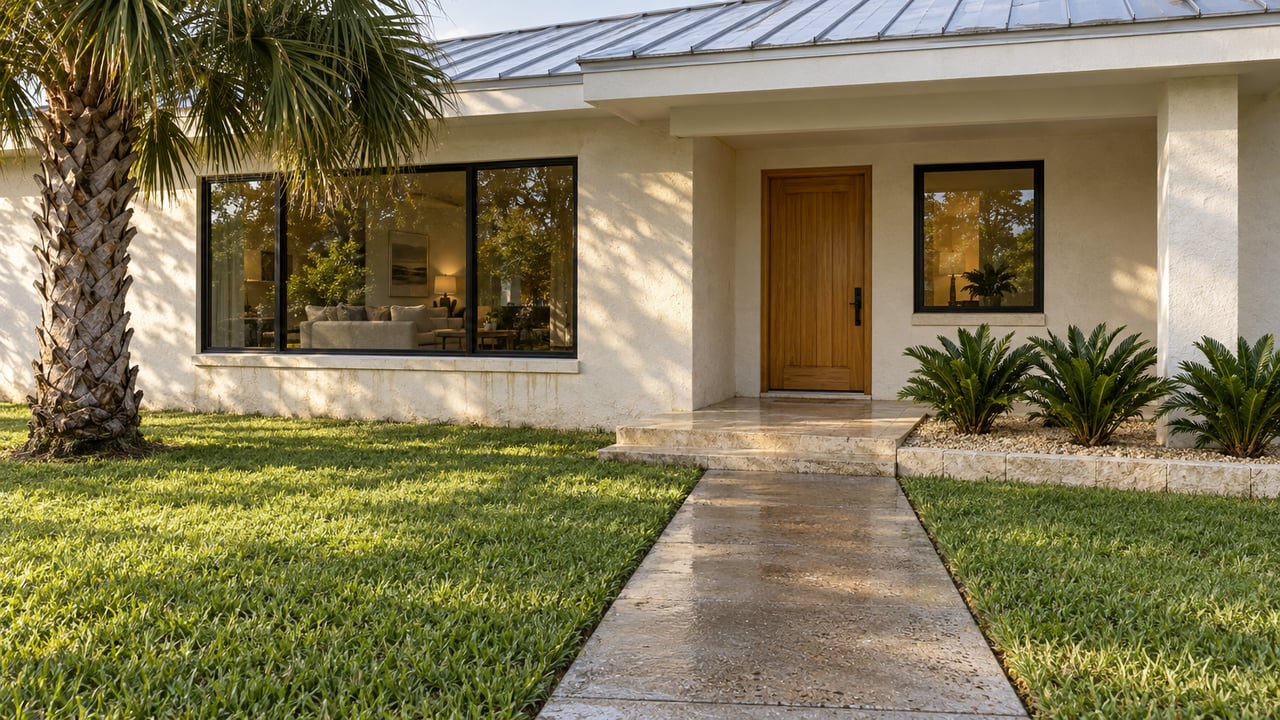A warm-white single-story home with a silver metal roof, covered wood-door entry, black-framed windows, and a palm beside a rain-darkened concrete approach.