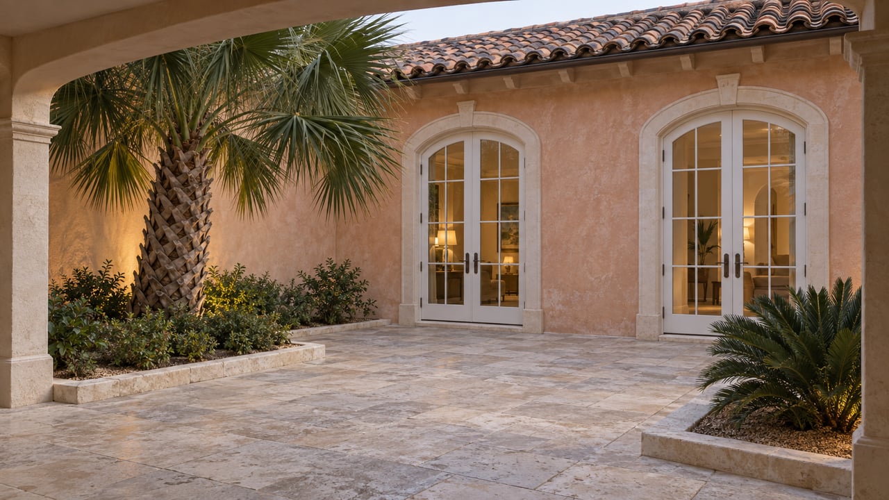 Peach stucco courtyard with arched glass doors, limestone paving, a palm, and low tropical planting.