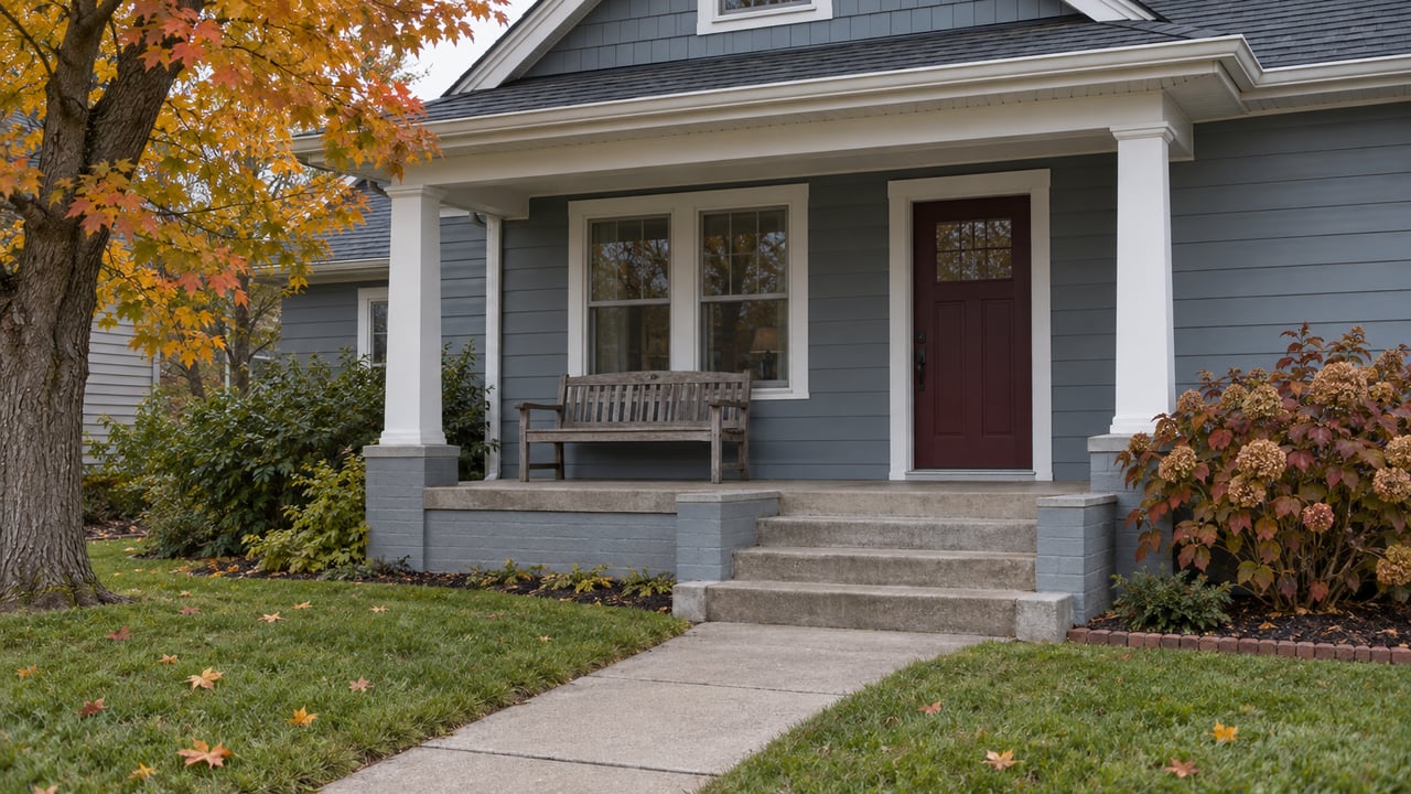 Blue-gray gabled home with a burgundy front door, concrete porch steps and amber maple leaves on an autumn lawn.