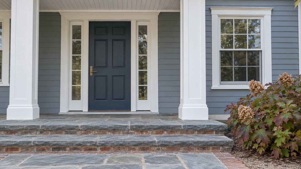 Blue-gray clapboard home entrance with white porch columns, a navy door, sandstone steps and autumn oakleaf hydrangea.