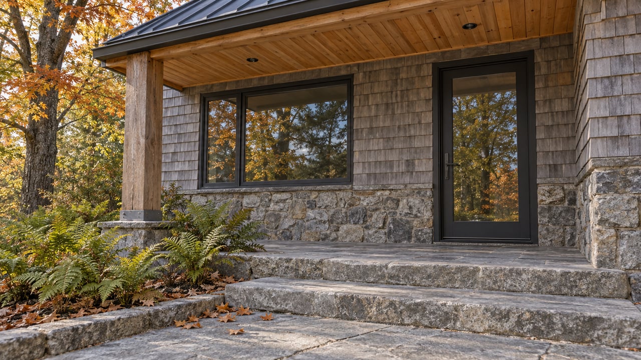 Cedar-shingled cottage entry with a covered stone porch, charcoal-framed glass door, and amber maple foliage.
