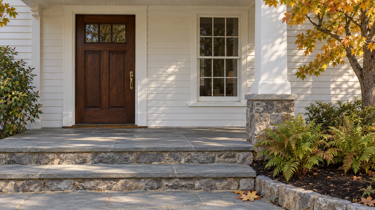 Morning light on a white clapboard home's oak entry door, divided-light window, and worn bluestone steps beside amber maple foliage.