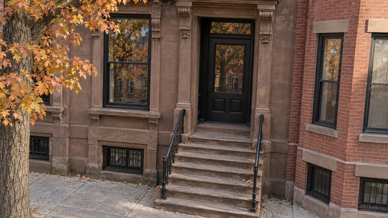 Brownstone rowhouse entrance with sandstone stoop, black iron rails, glazed transom, and fallen amber leaves.