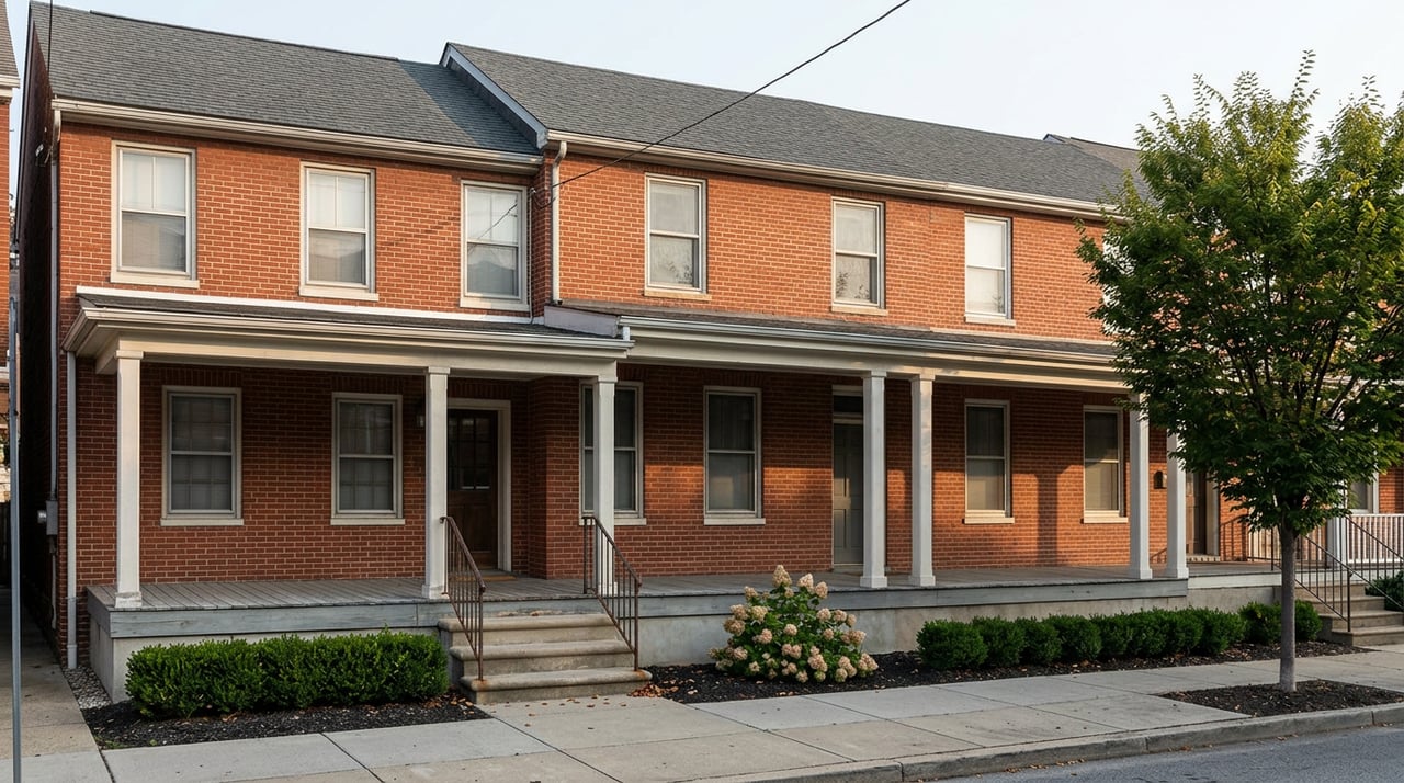 Three-story red-brick rowhouse with a white covered porch, concrete steps, clipped hedge, and a street tree.
