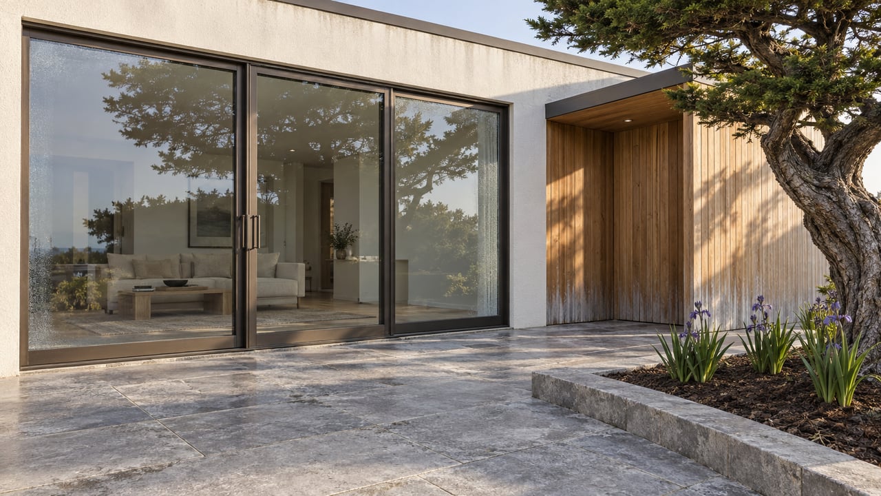 Morning light on a limestone terrace beside bronze-framed glass doors, weathered cedar cladding and a sculptural cypress.